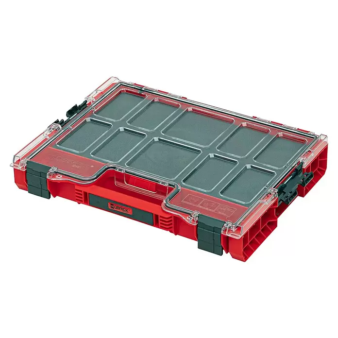 Qbrick System Kleinteilekoffer Pro Organizer 300 MFI - L x B x H: 45 x 35,8 x 11 cm, Anzahl Fächer: 3 Stk., Traglast: 25 kg - Roter und klarer modularer Aufbewahrungs-Organizer mit Fächern und schwarzen Verschlüssen.