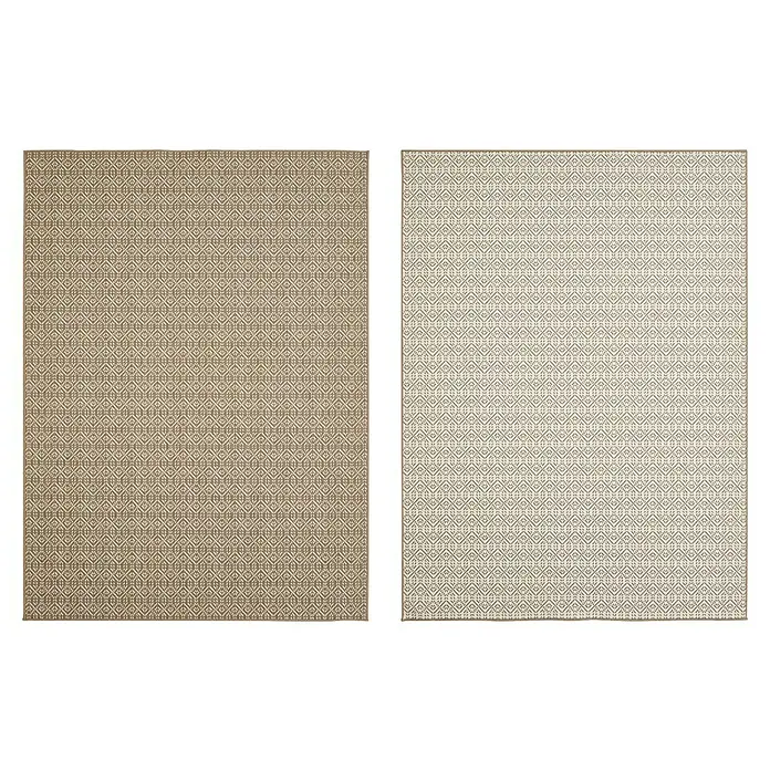 Outdoor-Teppich Wendeteppich Reno - Taupe, 220 x 160 cm, 100 % Polypropylen - Zwei rechteckige Teppiche mit geometrischem Muster in Beige- und Brauntönen vor schwarzem Hintergrund.