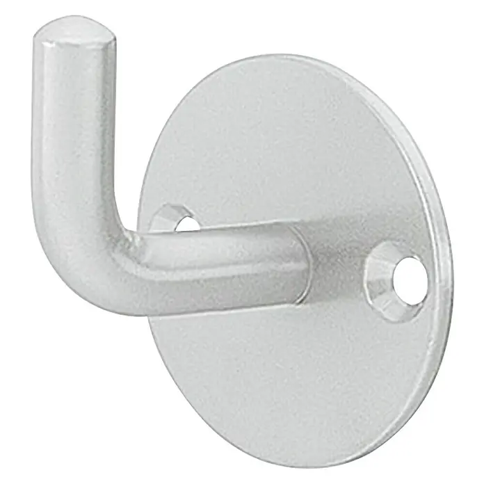 Häfele Gancho para colgar - Equipamiento: 1 gancho, Distancia entre orificios: 40 mm, Aluminio - Un colgador de pared plateado con un gancho curvo y una placa de montaje circular, ideal para colgar chaquetas y accesorios.