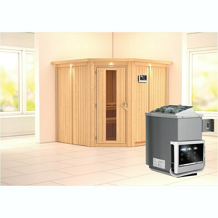 Karibu Elementsauna Jarin (Mit 9 kW Ofen mit externer Steuerung, Mit Dachkranz und Beleuchtung, Materialspezifizierung Tür: Massivholztür, L x B x H: