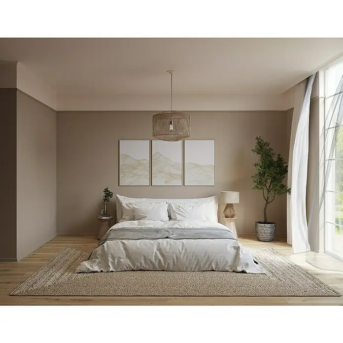 Nmc Decoflair Rosette B9 - Durchmesser: 115 mm, Expandiertes Polystyrol (EPS), Weiß - Einladendes Schlafzimmer mit großem Bett, naturbelassenen Materialien und warmen Farben für eine entspannende Atmosphäre. Gemütliches Ambiente.
