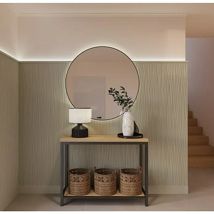 Nmc Decoflair Zierprofil Deckenleiste D5 - 6 Stk., 200 cm x 35 mm x 30 mm, Extrudiertes Polystyrol (XPS) - Elegante Konsolentisch-Szene mit rundem Spiegel, Lampe und Dekoration. Die geflochtenen Körbe verleihen eine warme Note.