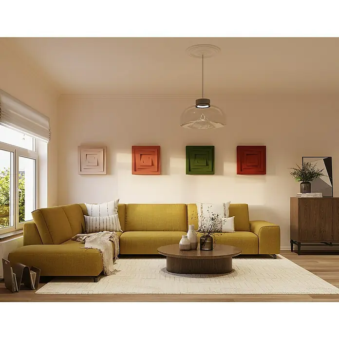 Nmc Decoflair Rosette M75 - Durchmesser: 400 mm, Polyurethan, Weiß - Wohnzimmer mit gelbem Sofa, Couchtisch und Wanddeko. Moderne Einrichtung mit stilvollem Design für ein gemütliches Ambiente.