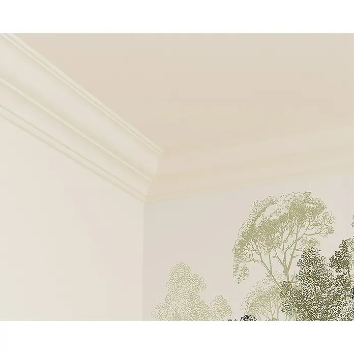Nmc Decoflair Zierprofil Deckenleiste F15 - 2 m x 100 mm x 90 mm, Polyurethan - Detailansicht eines Raumes mit kunstvoller Stuckatur an der Decke und einer Wand mit dezentem Baummuster.