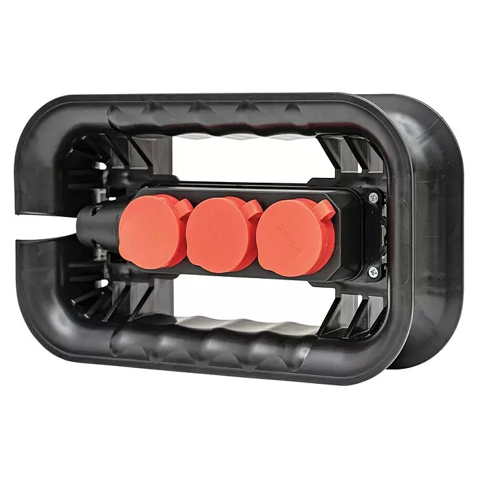 Qbrick System Kabelroller Kabelaufroller mit Elektroleiste - L x B x H: 33,3 x 19,7 x 9,2 cm - Schwarze robuste Stromverteilungseinheit mit drei orangefarbenen wettergeschützten Steckdosen.