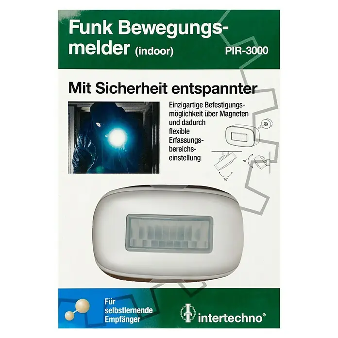 Intertechno Funk-Bewegungsmelder Indoor PIR-3000 - Erfassungswinkel: 160 °, Reichweite ca.: 30 m - Produktverpackung für einen Funk Bewegungsmelder (PIR-3000) für Innenräume, der Sicherheit und Entspannung bietet.