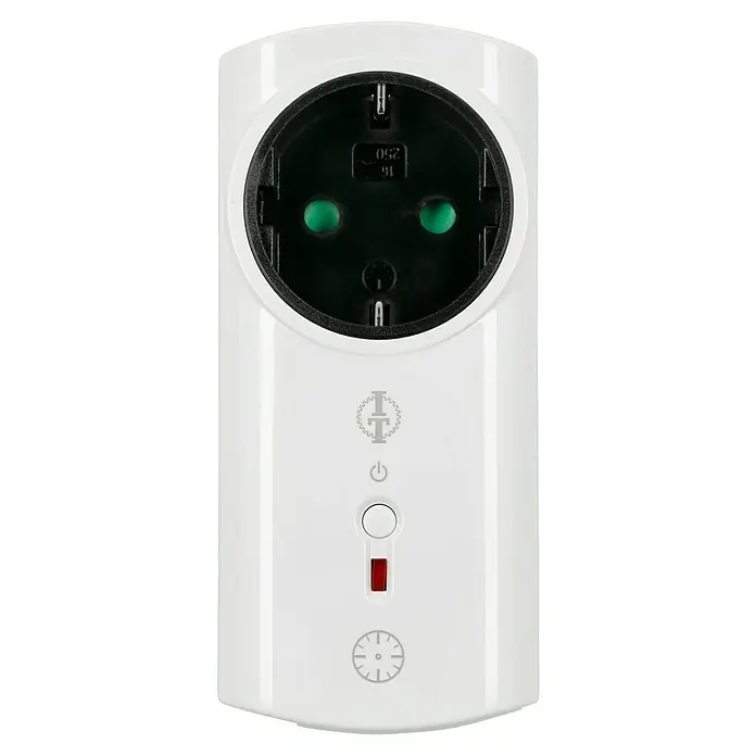 Intertechno Zwischenstecker Funk mit Abschaltautomatik ITLR-2300T - Max. Anschlussleistung: 2.300 W - Nahaufnahme eines weißen, intelligenten Stromadapters mit Steckdose und Symbolen für Zeitplanung und Ein/Aus.