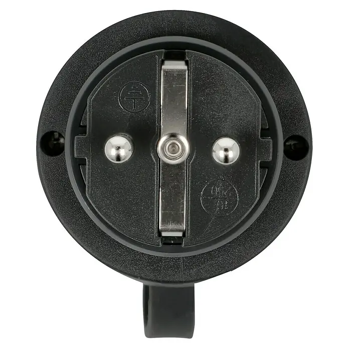 REV Funksteckdosen-Set Mini Outdoor - Schwarz, Max. Anschlussleistung: 3.680 W - Nahaufnahme eines schwarzen Eurosteckers mit zwei runden Stiften und einem Erdungsclip für den europäischen Markt.