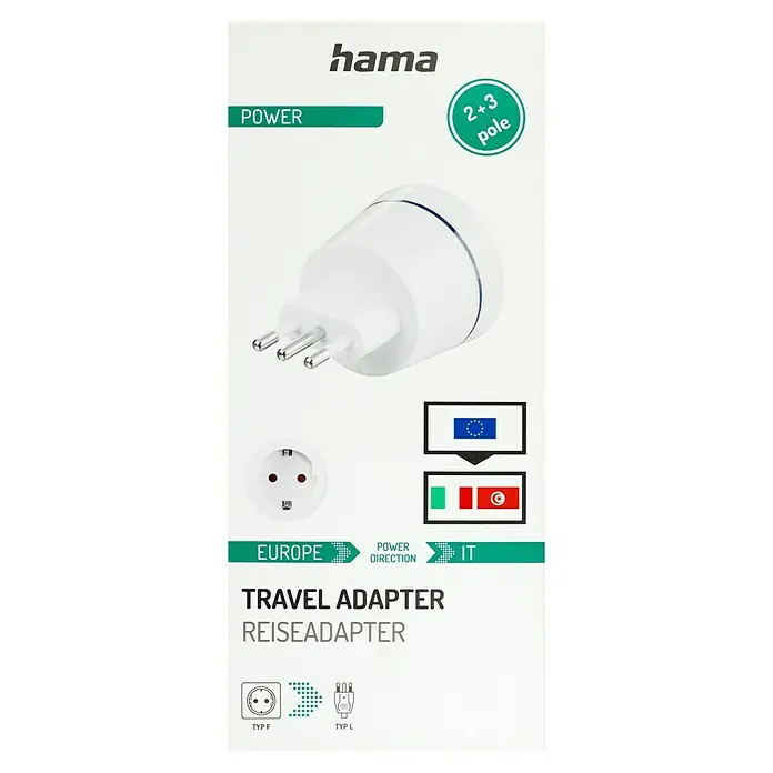 Hama Reiseadapter Europa nach Italien - Netzsteckertyp Reiseadapter: Typ L (CEI 23-50), Weiß - Produktverpackung eines Hama Reisesteckers mit Infos zu Stromkompatibilität und den Reisezielen Europa und Italien.