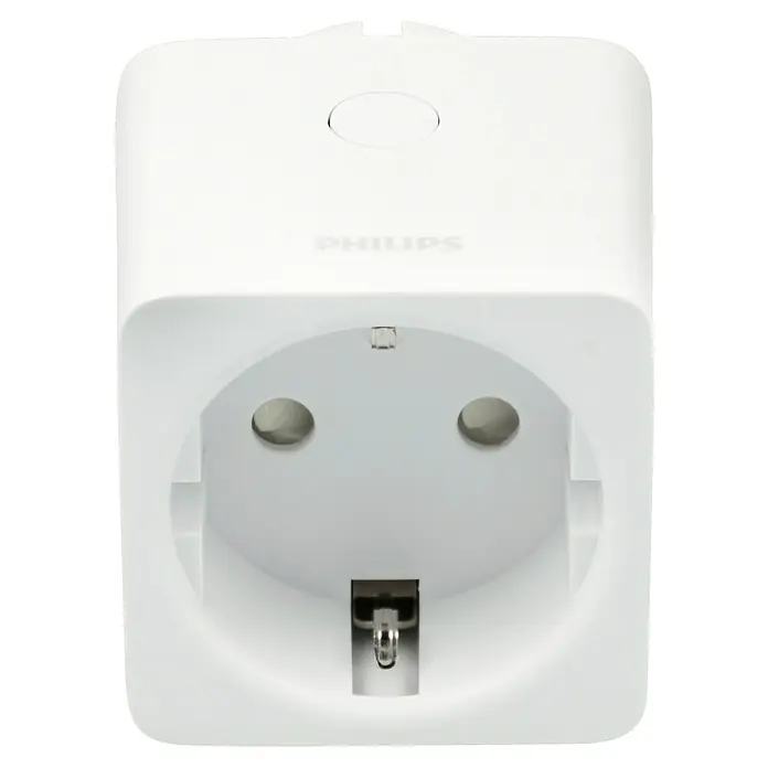Philips Hue Funksteckdose Plug - Weiß, Max. Anschlussleistung: 2.300 W, 1 Stk. - Nahaufnahme eines weißen Philips Smart Plug, der eine Steckdose mit Schutzkontakt und den Philips Schriftzug zeigt.