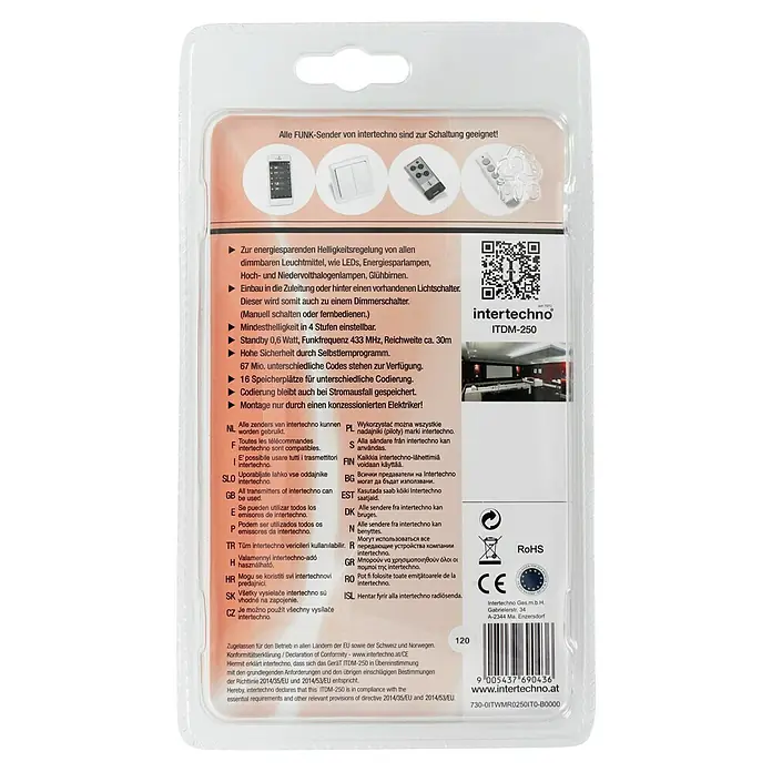 Intertechno Funk-Dimmer ITDM-250 - Glüh-/Halogenlampen 20-250W, LED/ESL 3-24W - Verpackungsrückseite des Intertechno ITDM-250 Dimmers, der mit diversen Funksendern kompatibel ist.