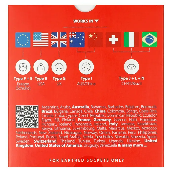 Skross Reiseadapter PRO – World - Weiß - Darstellung verschiedener Stecker-Typen (A, B, C, G, I, J, L, N) mit zugehörigen Ländern und QR-Code auf rotem Hintergrund.