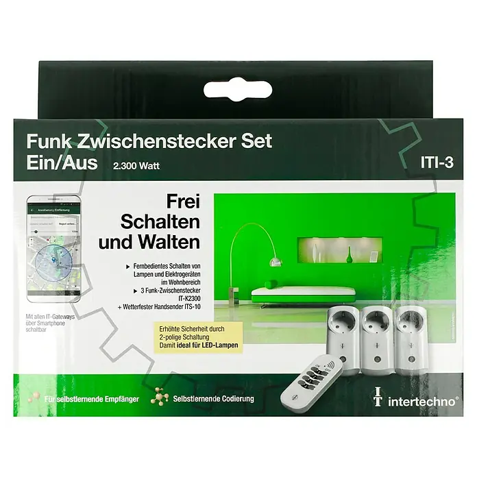 Intertechno Funksteckdosen-Set ITI-3 - Weiß, Max. Anschlussleistung: 2.300 W - Funk-Zwischenstecker Set Ein/Aus für ferngesteuertes Schalten von Lampen und Elektrogeräten mit Smartphone oder Handsender.