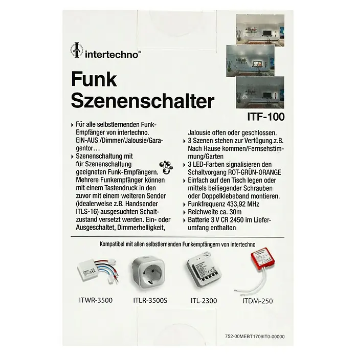 Intertechno Funksender ITF-100 - Reichweite ca.: 30 m, Batteriebetrieben - Funk-Szenenschalter ITF-100 von intertechno zur Steuerung von Funk-Empfängern. Ermöglicht das Umschalten zwischen verschiedenen Szenen.