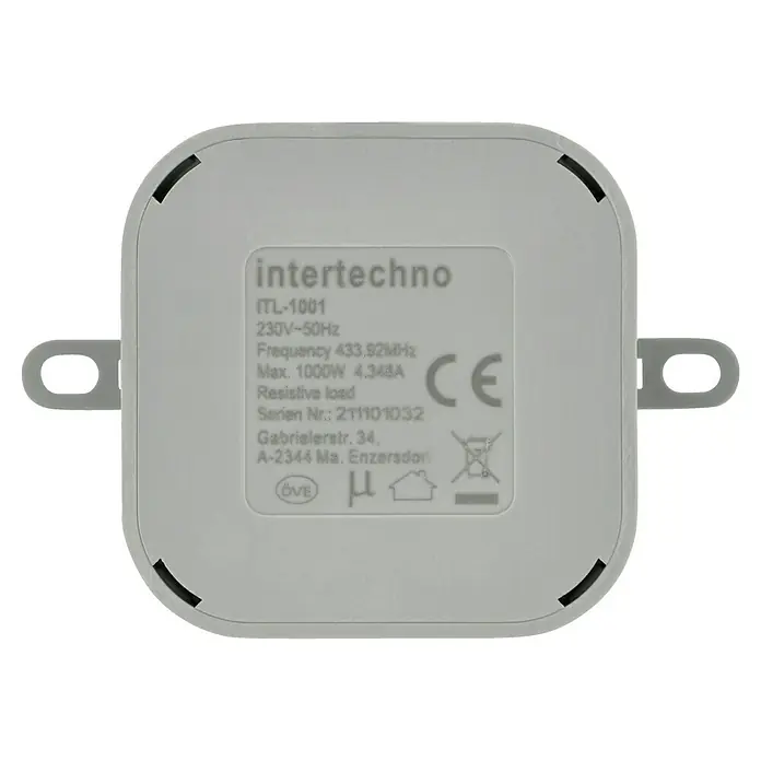 Intertechno Funkschalter ITL-1001 Einbau-Impusschalter - Max. Leistung: 1.000 W - Nahaufnahme eines Intertechno ITL-1001 Geräts, das für 230V-50Hz ausgelegt ist und eine Frequenz von 433,92MHz sowie eine maximale Leistung von 1000W hat.