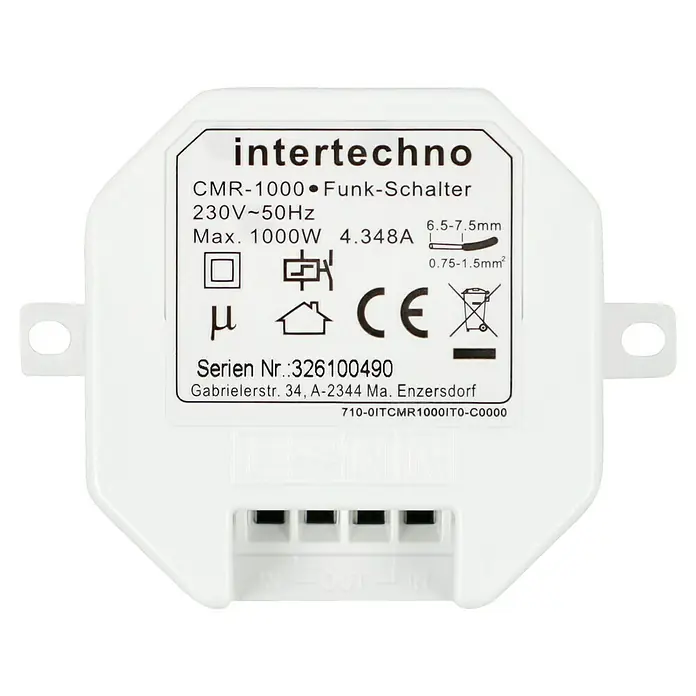 Intertechno Funk-Einbauschalter CMR-1000 - 1.000 W, Reichweite ca.: 30 m - Nahaufnahme eines Intertechno CMR-1000 Funk-Schalters mit technischen Details und Zertifizierungen.