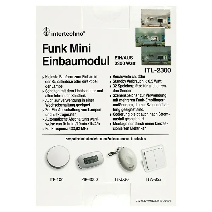 Intertechno Funk-Einbauschalter ITL-2300 - 2.300 W - Abbildung eines Intertechno Funk Mini Einbaumoduls ITL-2300, kompatibel mit diversen Funksendern, zusammen mit ITF-100, PIR-3000, ITKL-30 und ITW-852.
