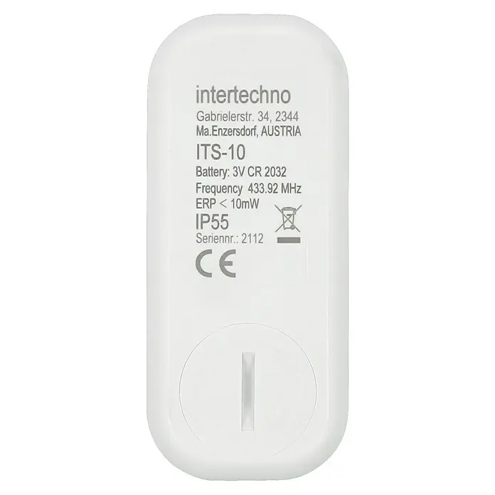 Intertechno Funksteckdosen-Set IT2P-2300 - Weiß, Max. Anschlussleistung: 2.300 W - Nahaufnahme eines weißen Intertechno ITS-10 Geräts mit Produktdetails wie Batterie, Frequenz und Seriennummer.