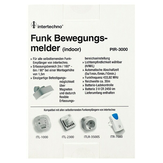 Intertechno Funk-Bewegungsmelder Indoor PIR-3000 (Erfassungswinkel: 160 °, Reichweite ca.: 30 m) | BAUHAUS