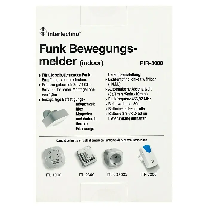Intertechno Funk-Bewegungsmelder Indoor PIR-3000 - Erfassungswinkel: 160 °, Reichweite ca.: 30 m - Produktverpackung für einen Intertechno Funk Bewegungsmelder (PIR-3000) für den Innenbereich, mit Funktionen und kompatiblen Geräten.