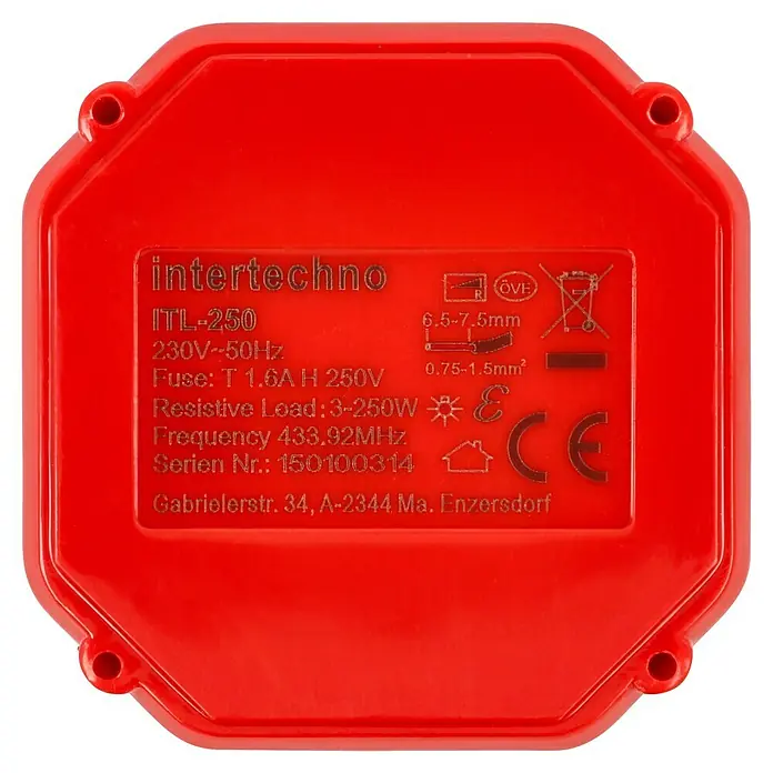 Intertechno Funk-Dimmermodul ITL-250 - Rot - Rotes Intertechno ITL-250 Gerät mit technischen Daten wie 230V~50Hz, 3-250W, 433.92MHz und Adresse Gabrielerstr. 34, A-2344 Ma. Enzersdorf.