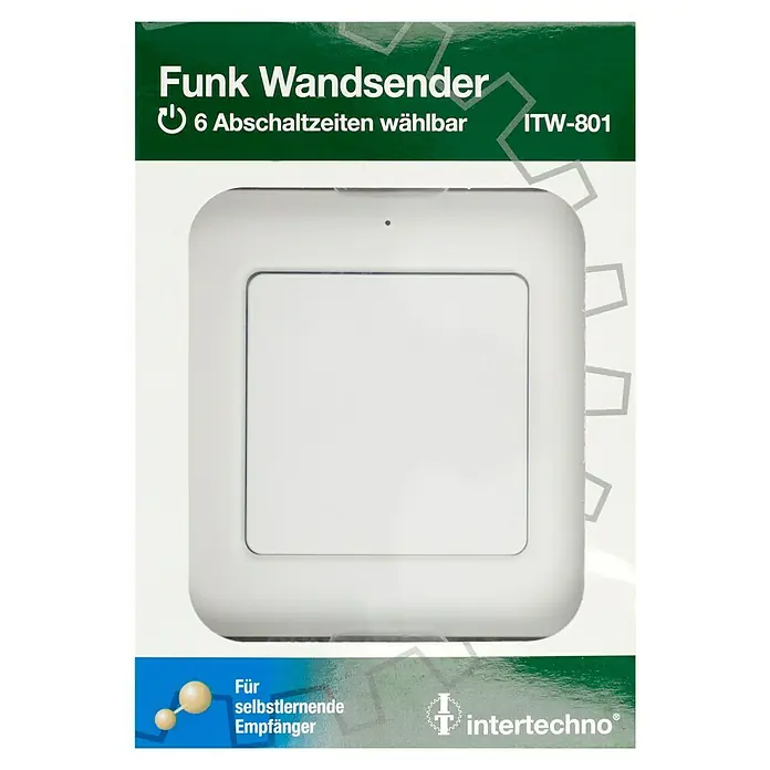 Intertechno Funk-Wandsender ITW-801 - 1-fach, Selbstlernend (automatisch), Reichweite ca.: 30 m - Funk Wandsender ITW-801 zur Steuerung von Empfängern. Ideal für Smart-Home-Systeme mit 6 Abschaltzeiten wählbar für flexible Automatisierung.
