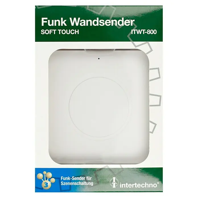 Intertechno Funk-Wandsender ITWT-800 - Selbstlernend (automatisch), Reichweite ca.: 30 m - Das Bild zeigt einen Funk Wandsender SOFT TOUCH ITWT-800 der Marke intertechno, ein Gerät zur drahtlosen Steuerung von Beleuchtung.