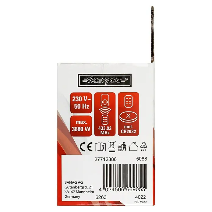 Voltomat Funksteckdosen-Set 3+1 - Silber, 3.680 W - Abbildung der technischen Daten und Zertifizierungen einer VOLTOMAT-Produktverpackung, einschließlich Spannung, Frequenz und CE-Kennzeichnung.