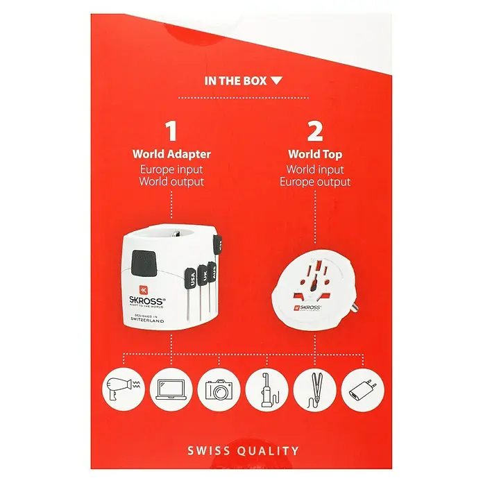 Skross Reiseadapter PRO – World - Weiß - Das Bild zeigt eine rote Verpackung mit einem weißen universalen Reiseadapter und einem Top-Adapter von SKROSS für verschiedene Geräte.