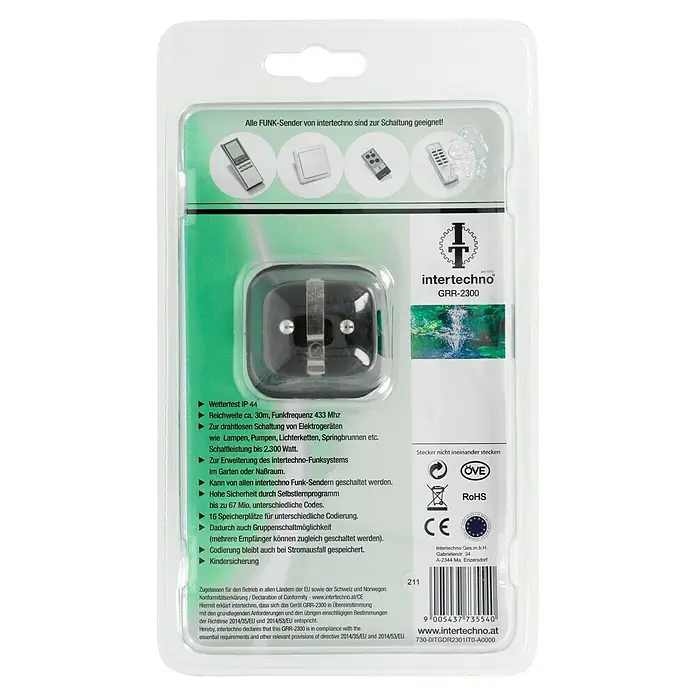Intertechno Funksteckdose GRR-2300 Outdoor - Schwarz/Grau, Max. Anschlussleistung: 2.300 W - Verpackung des Intertechno GRR-2300 Funk-Schaltsteckers für die drahtlose Steuerung von Elektrogeräten bis 2.300 Watt.