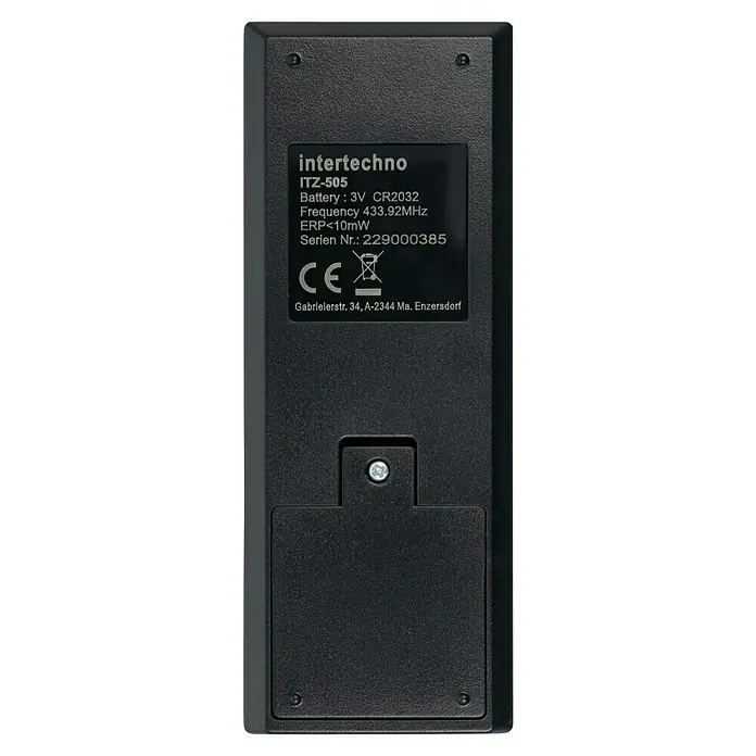 Intertechno Funk-Timer ITZ-505 - Batteriebetrieben - Rückseite der Intertechno ITZ-505 Fernbedienung mit technischen Details und CE-Kennzeichnung.