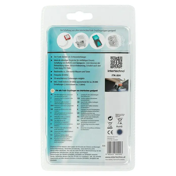 Intertechno Funk-Minisender ITK-200 - 16 mögliche Codierungen, Reichweite ca.: 35 m - Verpackung des Intertechno ITK-200 Funk-Senders, geeignet für alle Intertechno Funk-Empfängertypen, mit QR-Code und technischen Daten.