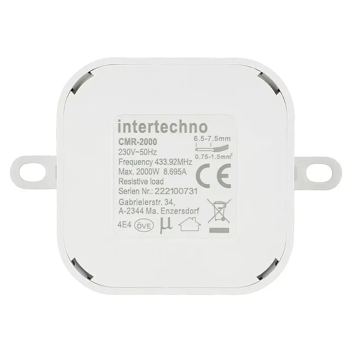 Intertechno Funk-Einbauschalter CMR-2000 - Max. Anschlussleistung: 2.000 W - Nahaufnahme eines Intertechno CMR-2000 Funk-Schaltmoduls mit technischen Daten und CE-Kennzeichnung.