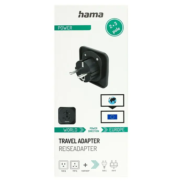 Hama Reiseadapter Welt nach Europa - Netzsteckertyp Reiseadapter: Typ E+F (CEE 7/7), Schwarz - Abbildung eines Hama Reisesteckers, der für Reisen von der ganzen Welt nach Europa geeignet ist und die Steckertypen B, G, E und F unterstützt.