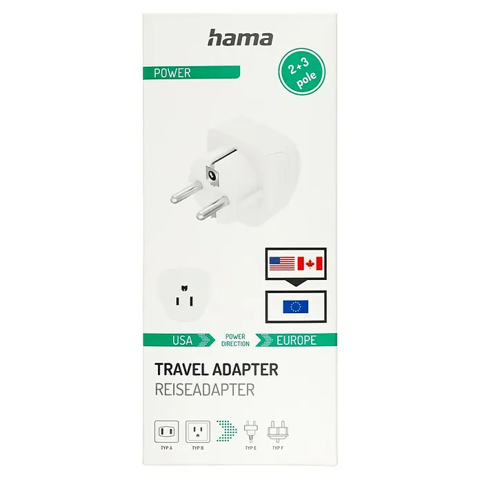 Hama Reiseadapter USA/Kanada nach Europa - Netzsteckertyp Reiseadapter: Typ E+F (CEE 7/7), Weiß - Produktverpackung eines Hama-Reiseadapters zur Umwandlung von US-Steckdosen in europäische Steckdosen, geeignet für 2- und 3-polige Stecker.
