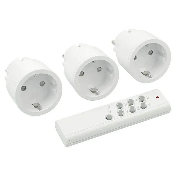 Intertechno Funksteckdosen-Set 3fach Zwischenstecker Set ein/aus mit Handsender - Weiß, Max. Anschlussleistung: 2.300 W, 3 -tlg. - Drei weiße Funksteckdosen mit einer Fernbedienung zum ferngesteuerten Ein- und Ausschalten von Geräten.