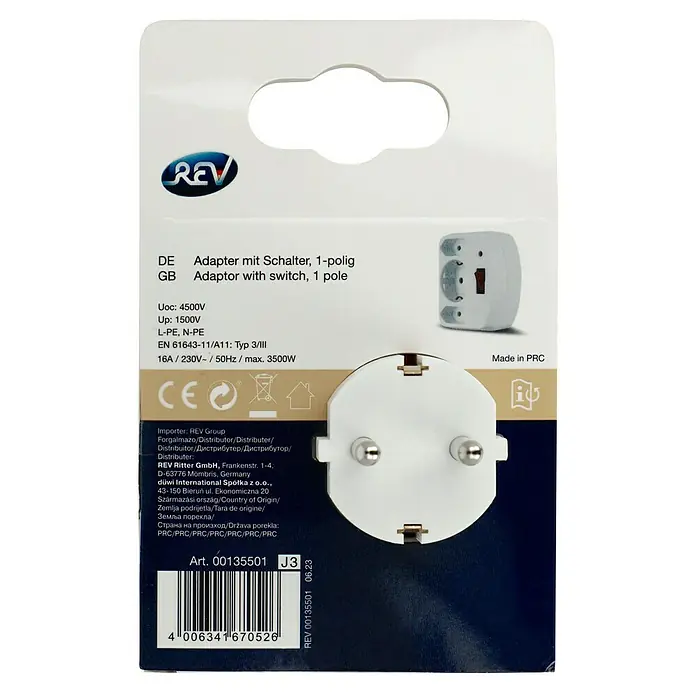 REV Euro-Adapter 2+1 - 3.500 W, 1.500 A, 250 V, Weiß - Aufnahme des REV Adapters mit Schalter, 1-polig, inklusive Produktinformationen auf der Verpackung.