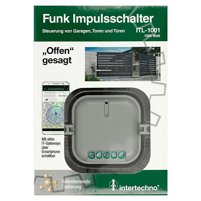 Intertechno Funkschalter ITL-1001 Einbau-Impusschalter - Max. Leistung: 1.000 W - Funk Impulsschalter ITL-1001 zur Steuerung von Garagen, Toren und Türen mit Smartphone. Selbstlernende Codierung für einfache Installation.