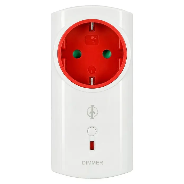Intertechno Funk-Dimmer Zwischenstecker ITLR-200 - Max. Anschlussleistung: 200 W, 2-polige Abschaltung - Nahaufnahme eines weißen Dimmers mit rotem Stecker, der eine einfache Bedienung und Steuerung der Lichtintensität ermöglicht.