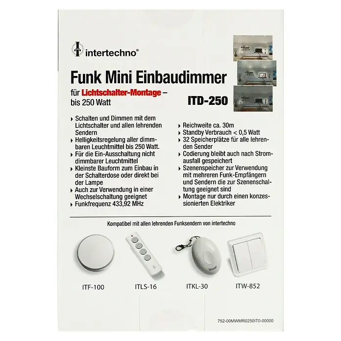 Intertechno Funk-Einbaudimmer ITD-250 für Schalter - Max. Leistung: 3-250 W - Das Bild zeigt einen Funk Mini Einbaudimmer ITD-250, geeignet für Lichtschalter-Montage bis 250 Watt, zusammen mit weiterem Zubehör.