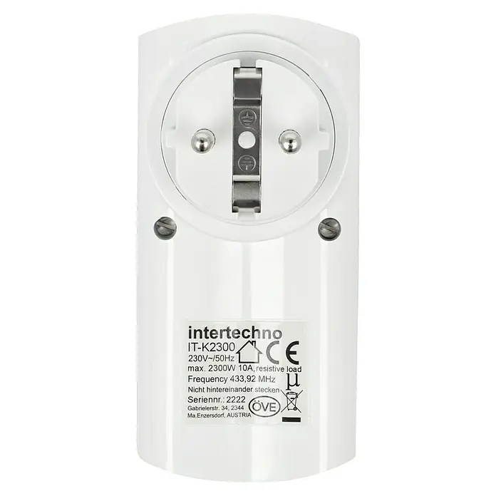 Intertechno Funksteckdosen-Set ITI-3 - Weiß, Max. Anschlussleistung: 2.300 W - Aufnahme eines weißen Intertechno IT-K2300 Steckdosenschalters mit Informationen zu Spannung, Frequenz und maximaler Last.