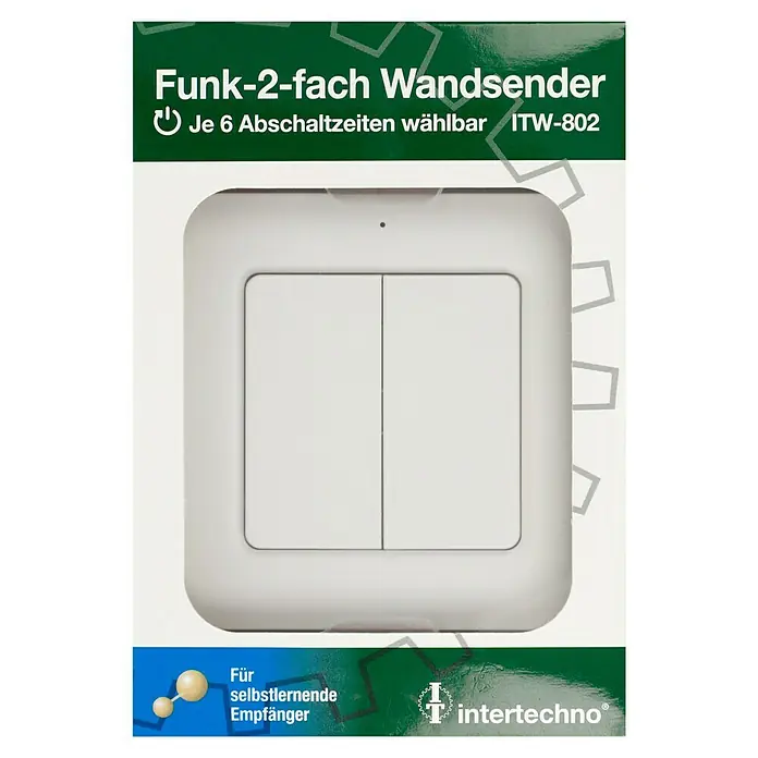 Intertechno Funk-Wandsender ITW-802 - 2-fach, Selbstlernend (automatisch), Reichweite ca.: 30 m - Abbildung eines Funk-2-fach Wandsenders ITW-802, der 6 Abschaltzeiten bietet und für selbstlernende Empfänger geeignet ist.