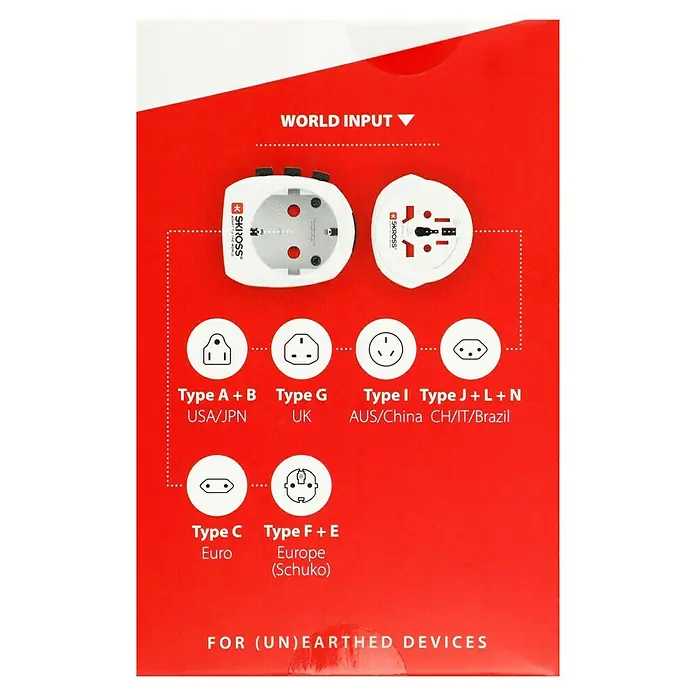 Skross Reiseadapter PRO Light – World - Weiß - Abbildung eines Adapters mit verschiedenen Steckertypen für internationale Stromanschlüsse, ideal für Reisen.