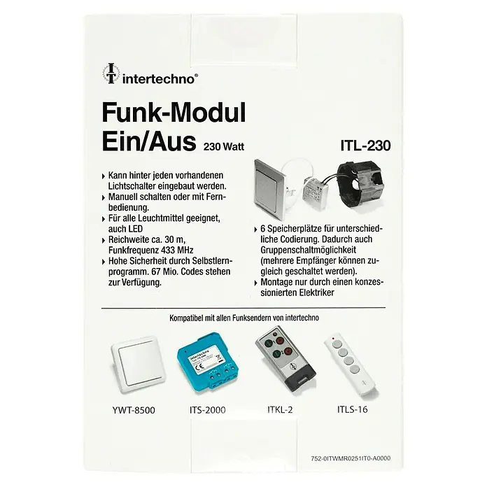 Intertechno Funk-Schaltermodul ITL-230 - 230 W, Reichweite ca.: 30 m - Das Intertechno Funk-Modul Ein/Aus ITL-230 ermöglicht die drahtlose Steuerung von Lampen und Geräten bis 230 Watt.