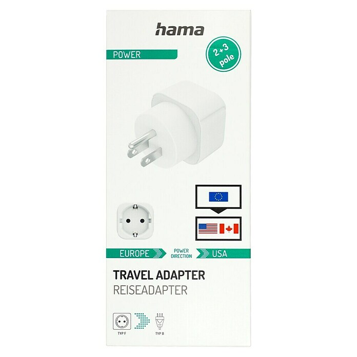 Hama Reiseadapter Europa nach USA, Kanada, Karibik, Japan & Ostasien (Netzsteckertyp Reiseadapter: Typ B (NEMA-5), Weiß) | BAUHAUS