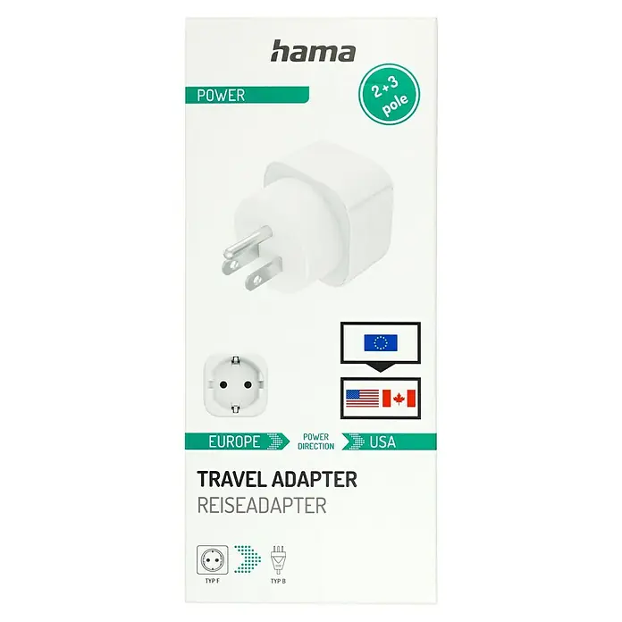 Hama Reiseadapter Europa nach USA, Kanada, Karibik, Japan & Ostasien - Netzsteckertyp Reiseadapter: Typ B (NEMA-5), Weiß - Produktbild eines Hama-Reiseadapters für Europa und die USA, geeignet für Steckdosentypen F und B, mit 2+3 Polen und klarem Stromrichtungsdesign.