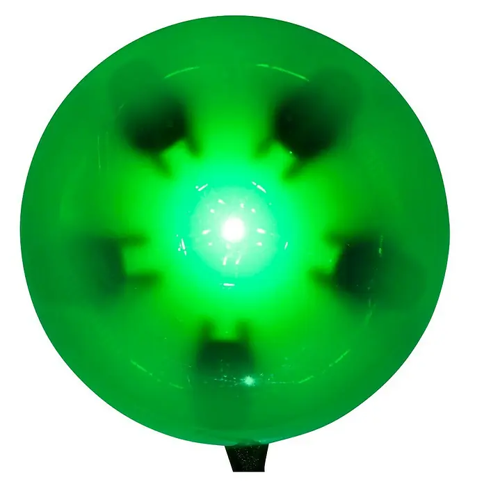 Intertechno Steuerzentrale Smart Home IT-MG - Reichweite ca.: 30 m, Ø x H: 80 x 30 mm, Mastergate App - Nahaufnahme eines leuchtend grünen LED-Ballons mit sichtbaren schwarzen Umrissen der LED-Leuchten im Inneren.