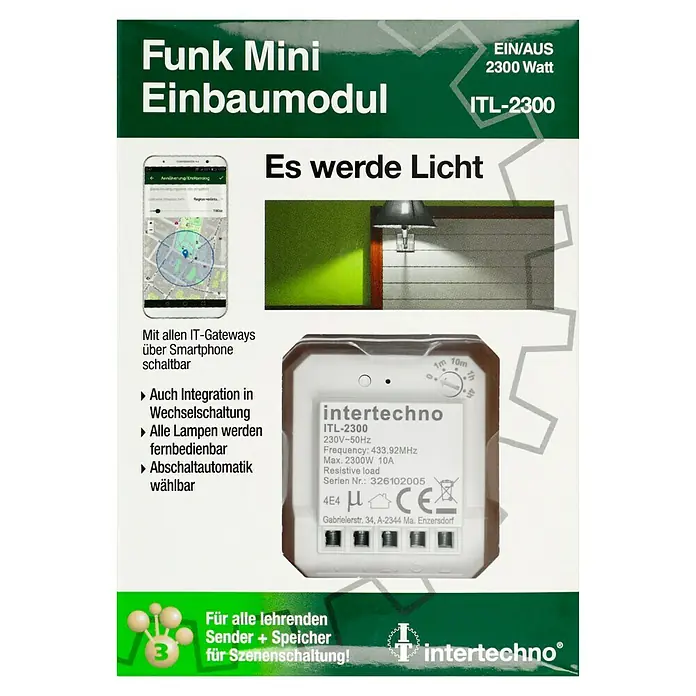 Intertechno Funk-Einbauschalter ITL-2300 - 2.300 W - Produktverpackung für Funk Mini Einbaumodul ITL-2300 zur Lichtsteuerung per Smartphone und Integration in Wechselschaltungen.