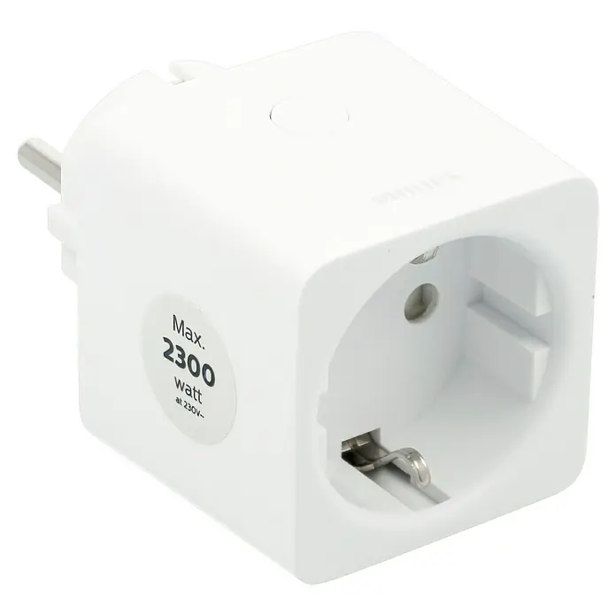 Philips Hue Funksteckdose Plug - Weiß, Max. Anschlussleistung: 2.300 W, 1 Stk. - Nahaufnahme eines weißen Philips Hue Smart Plug mit einem maximalen Stromverbrauch von 2300 Watt.