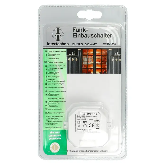 Intertechno Funk-Einbauschalter CMR-1000 - 1.000 W, Reichweite ca.: 30 m - Produktverpackung für einen Funk-Einbauschalter von Intertechno, 1000 Watt, zur drahtlosen Steuerung von Lampen und Geräten.